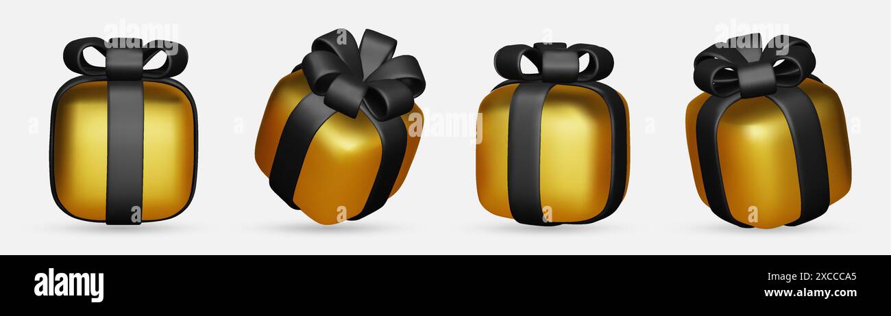 3d gift boxes set with gold ribbon bow isolated on a white background ...
