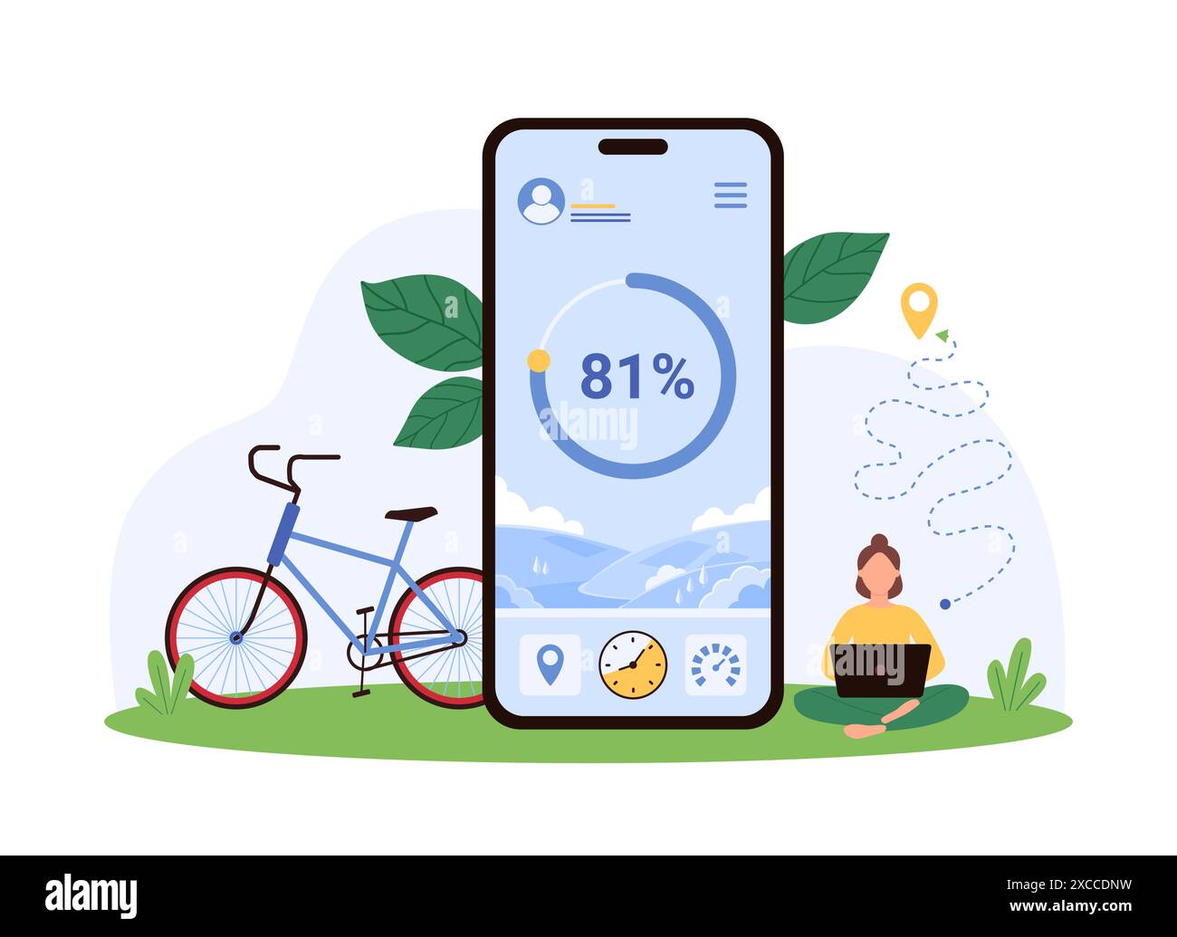 Fitness smart app for cycling workout. Tiny woman tracking healthy