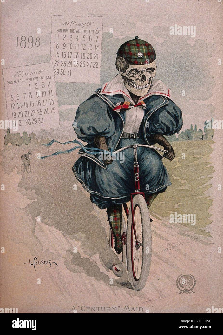 A lithograph by L. Crusius from 1898 depicts a skeleton dressed as a woman cyclist. The skeleton is wearing a blue dress with a white collar and a plaid skirt. It is riding a bicycle down a dirt road, with a calendar of May and June 1898 visible in the background. The image is titled A Century Maid and is a humorous representation of the growing popularity of cycling in the late 19th century. Stock Photo