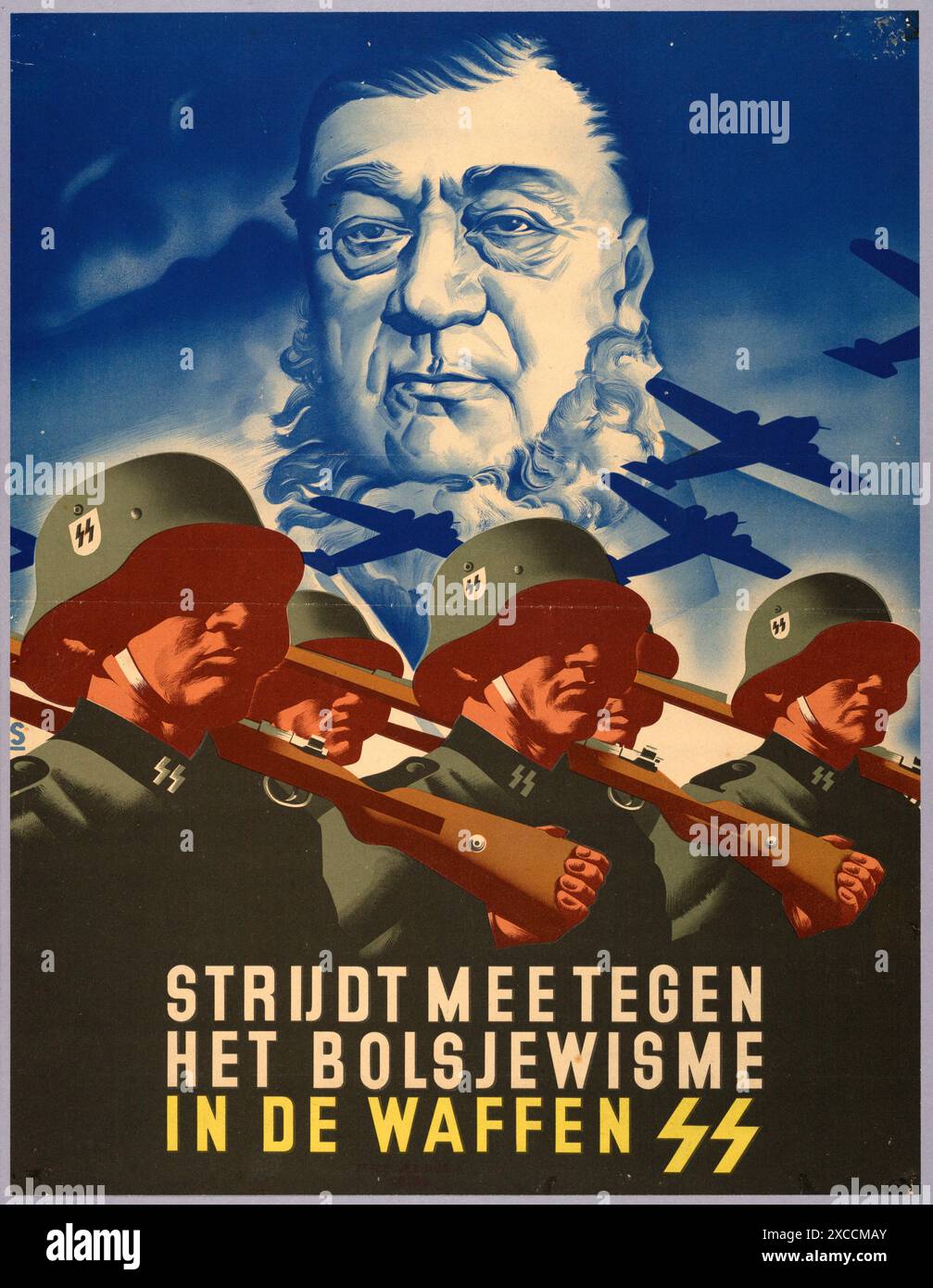 A Dutch recruitment poster for the Waffen-SS. It features marching soldiers and a portrait of South African President Kruger. Th slogan reads Everything will be fine. Join in the fight against Bolshevism in the Waffen-SS Stock Photo