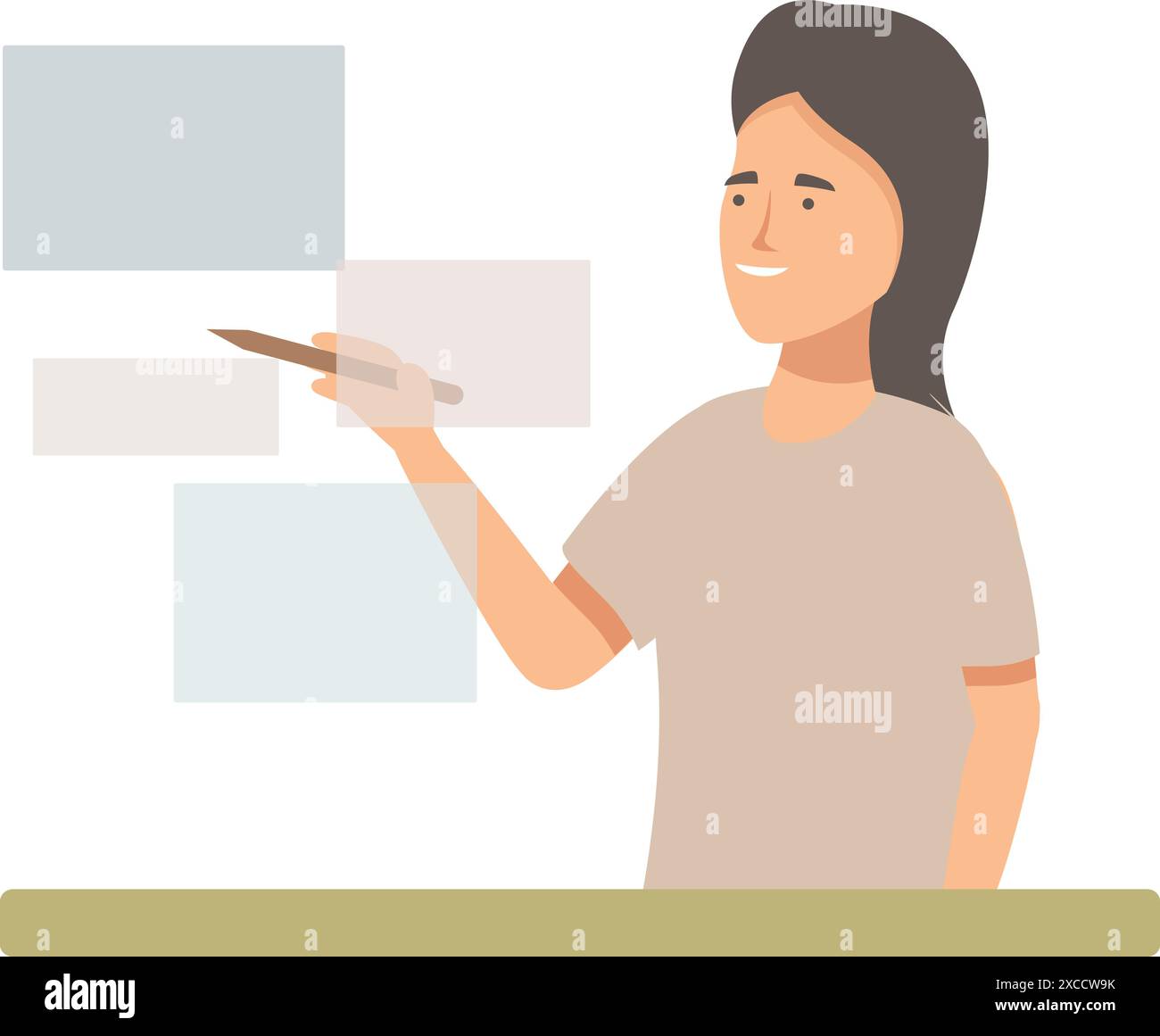 Young woman teacher is pointing at a whiteboard with a wooden pointer ...