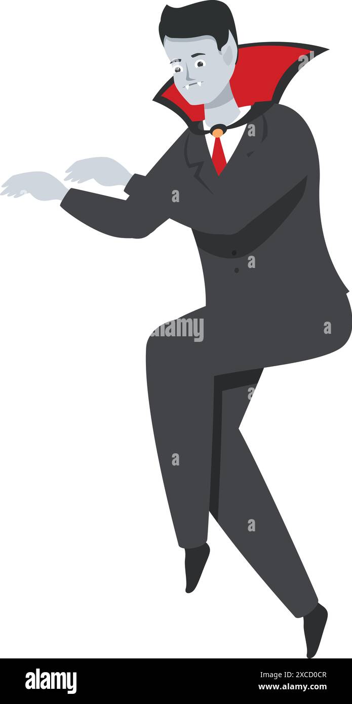 Spooky vampire businessman in a suit with fangs and a cape is floating ...