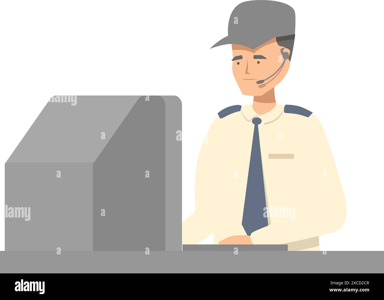 Security guard wearing headset working on computer at airport Stock Vector