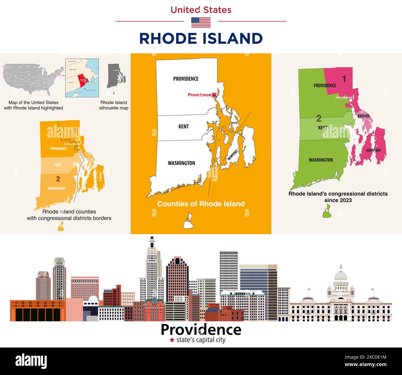Rhode Island Counties Map And Congressional Districts Since 2023 Map Rhode Island Counties Map And Congressional Districts Since 2023 Map Providence Skyline States Capital And Most Populous City Vector Set 2XCDE1M