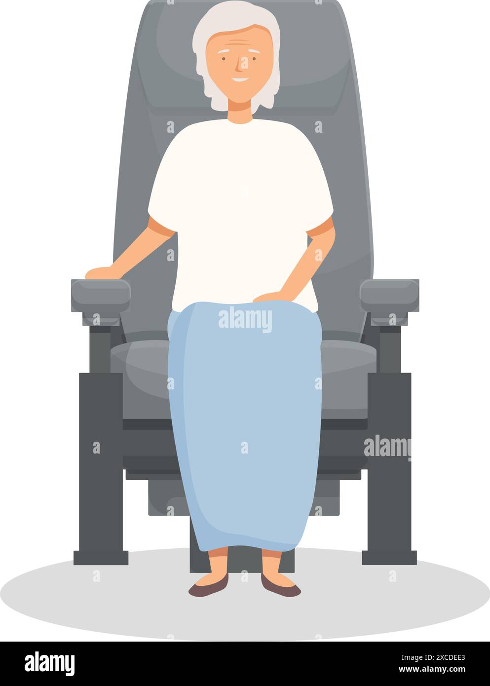 Elderly woman with grey hair is patiently waiting in a comfortable