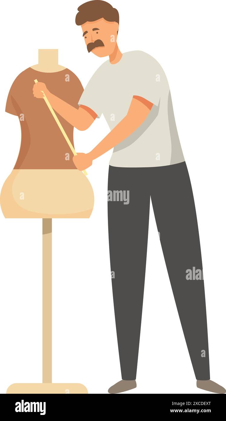 Tailor is measuring a mannequin's waist with a measuring tape to create