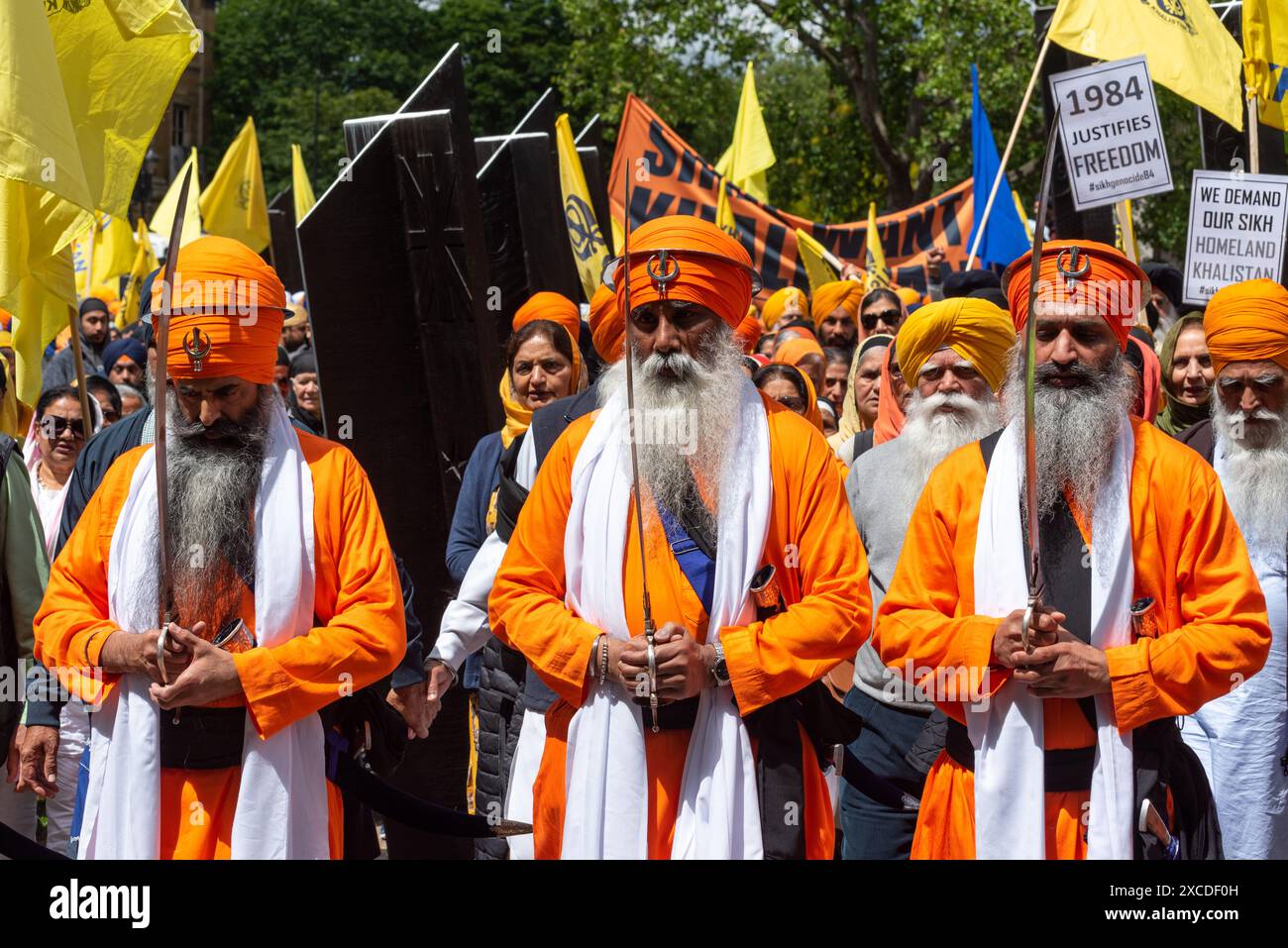 London, UK. 16 June 2024. Thousands of Sikhs march to mark the 40th anniversary of the Battle of Amritsar and Indian state army attack on Sri Darbar Sahib Amritsar in June 1984. Credit: Andrea Domeniconi/Alamy Live News Stock Photo