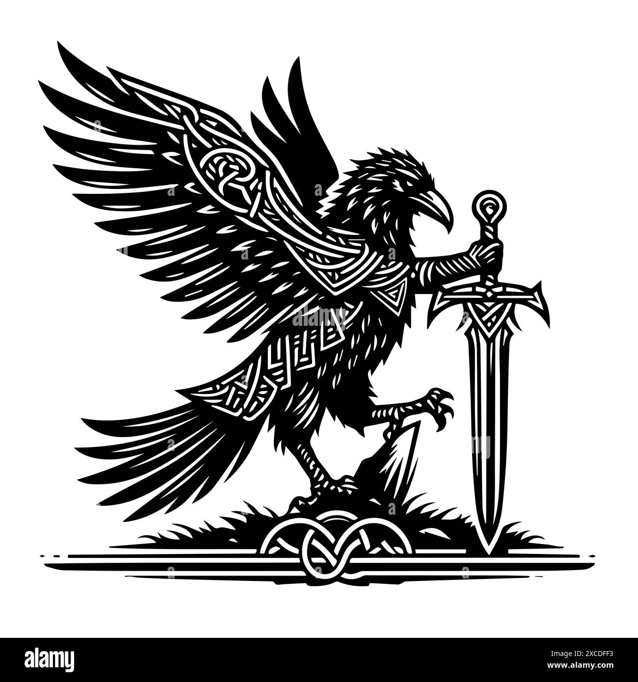 Raven in Celtic style with a sword in his hands flat outline vector illustration on a white background. Stock Vector