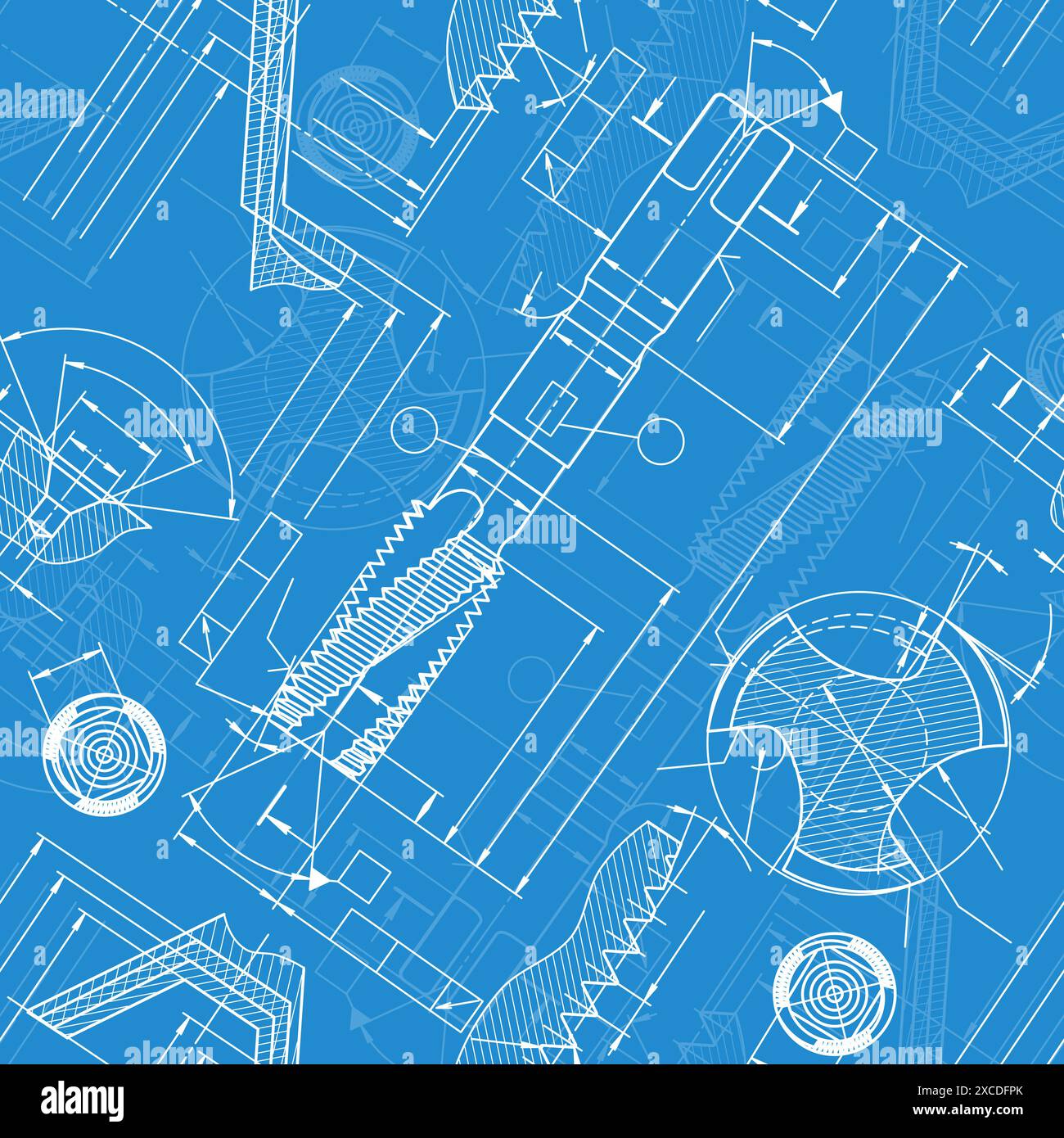 Mechanical engineering drawings on blue background. Tap tools, borer ...