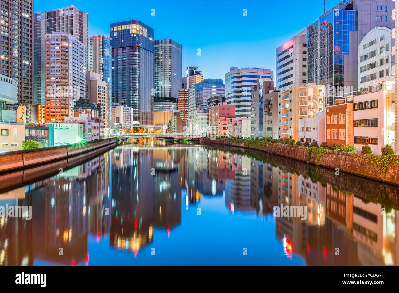 Osaka, Japan Financial District Skyline on the Okawa River at blue hour ...