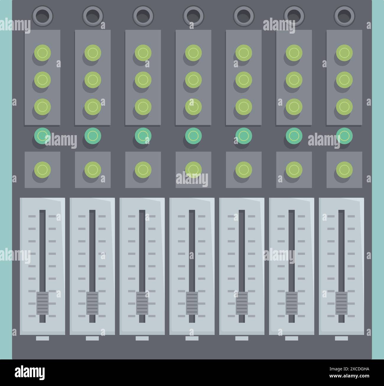 Professional audio mixing console with faders and knobs for adjusting
