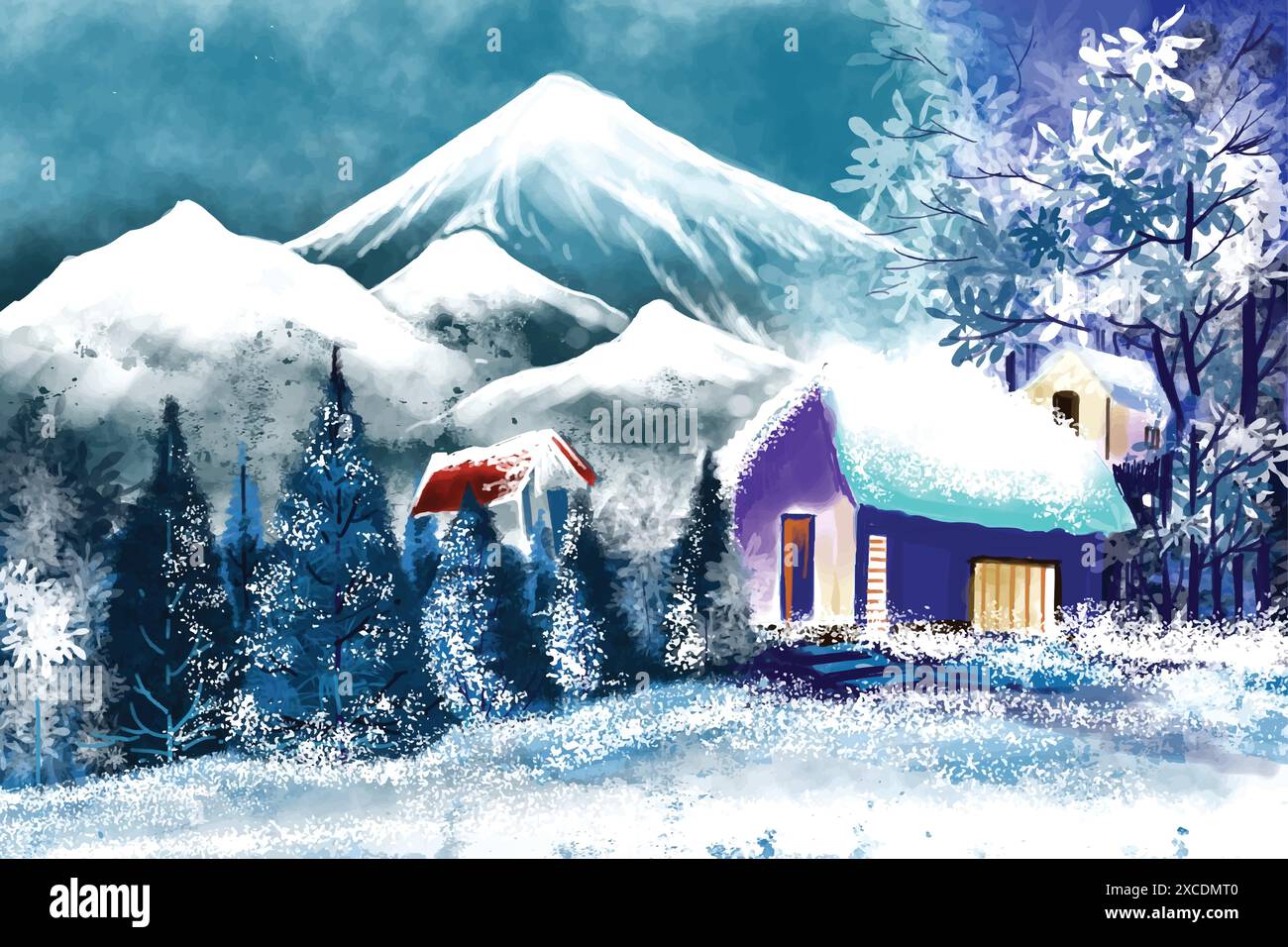 Winter background of snow and house christmas tree card landscape ...