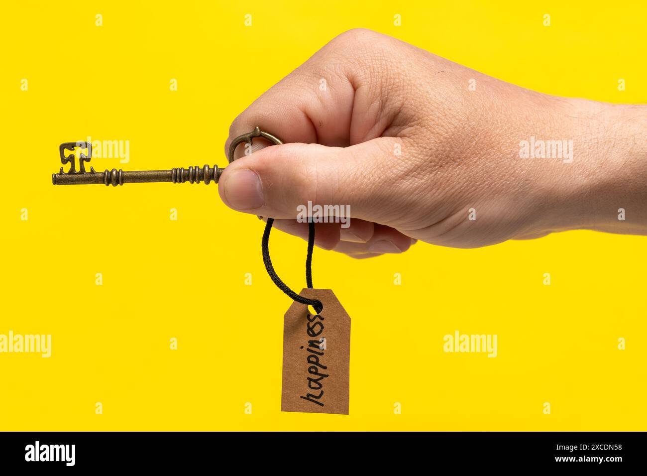Key with tag and inscription happiness in your hand on yellow ...