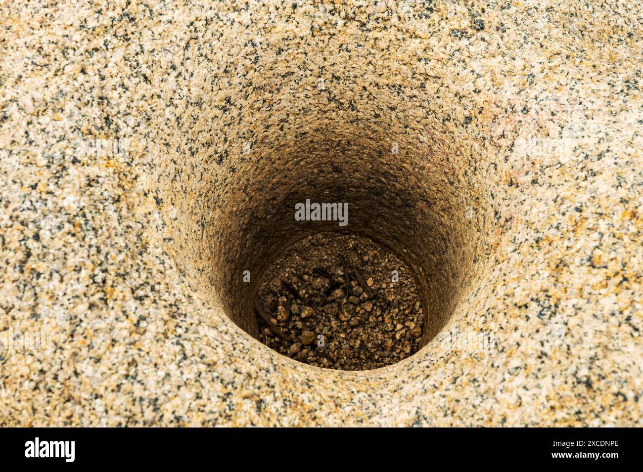 Bedrock Mortars in granite; Cahuilla Indians pounded mesquite & other seeds into flour; Joshua Tree National Park; California; USA Stock Photo