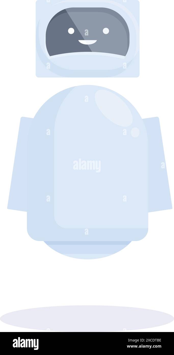 Cute white robot floating and smiling on white background Stock Vector