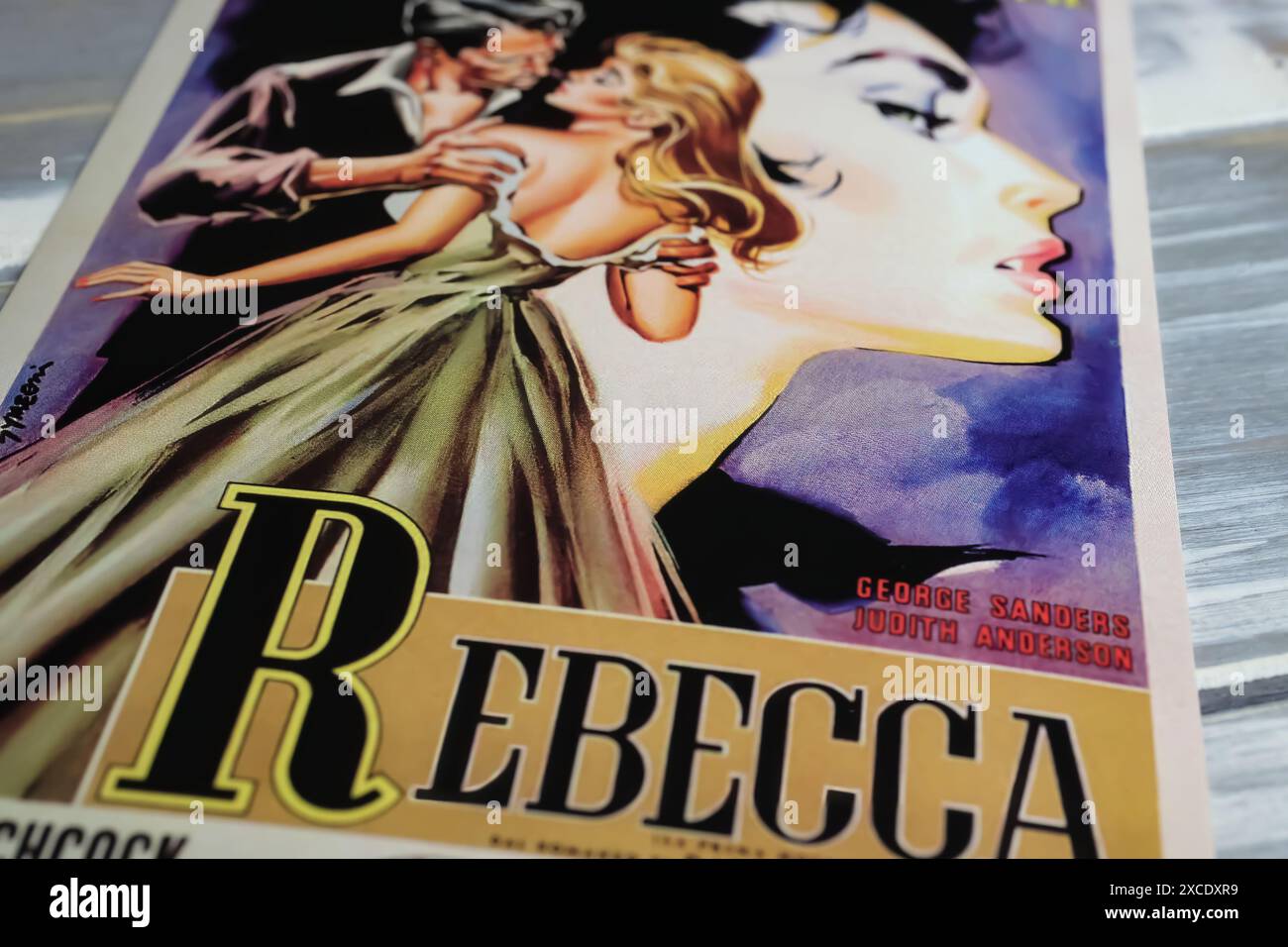 Viersen, Germany - May 9. 2024: Cinema film poster detail from Alfred Hitchcock movie Rebecca from 1940 Stock Photo