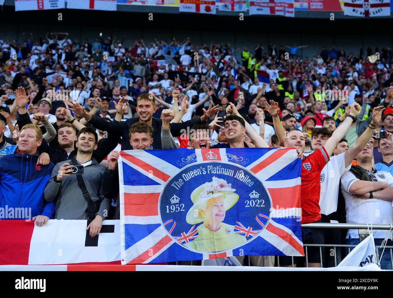 England fans in the stands hold up a banner of the late Queen Elizabeth ...