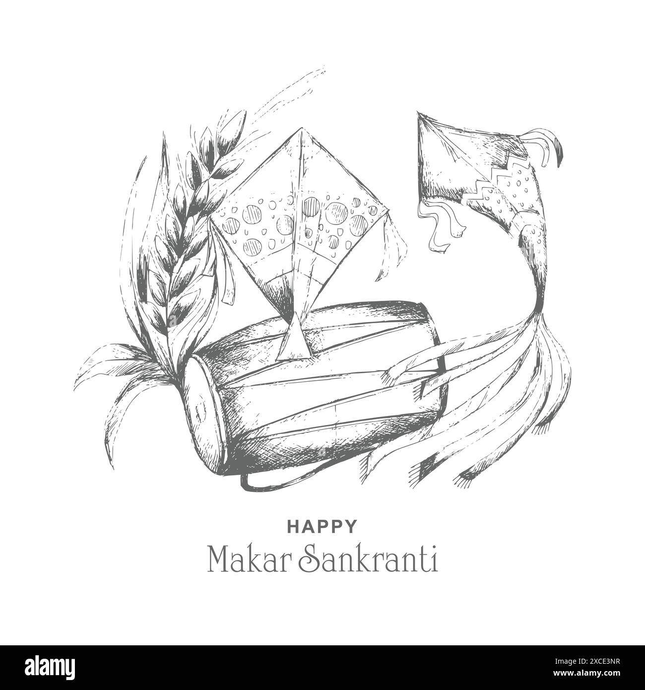 Hand draw sketch happy makar sankranti holiday card background Stock
