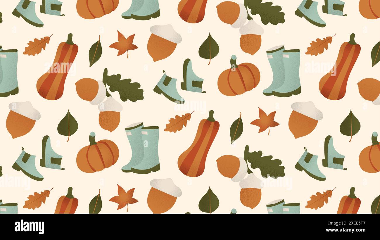 Autumn seamless pattern. Surface pattern design.Rain boots, pumpkin, acorn Stock Vector