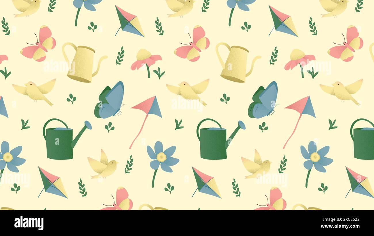 Spring seamless pattern. Surface pattern design. Kite, bird, butterfly, watering can, blue flower, yellow background Stock Vector