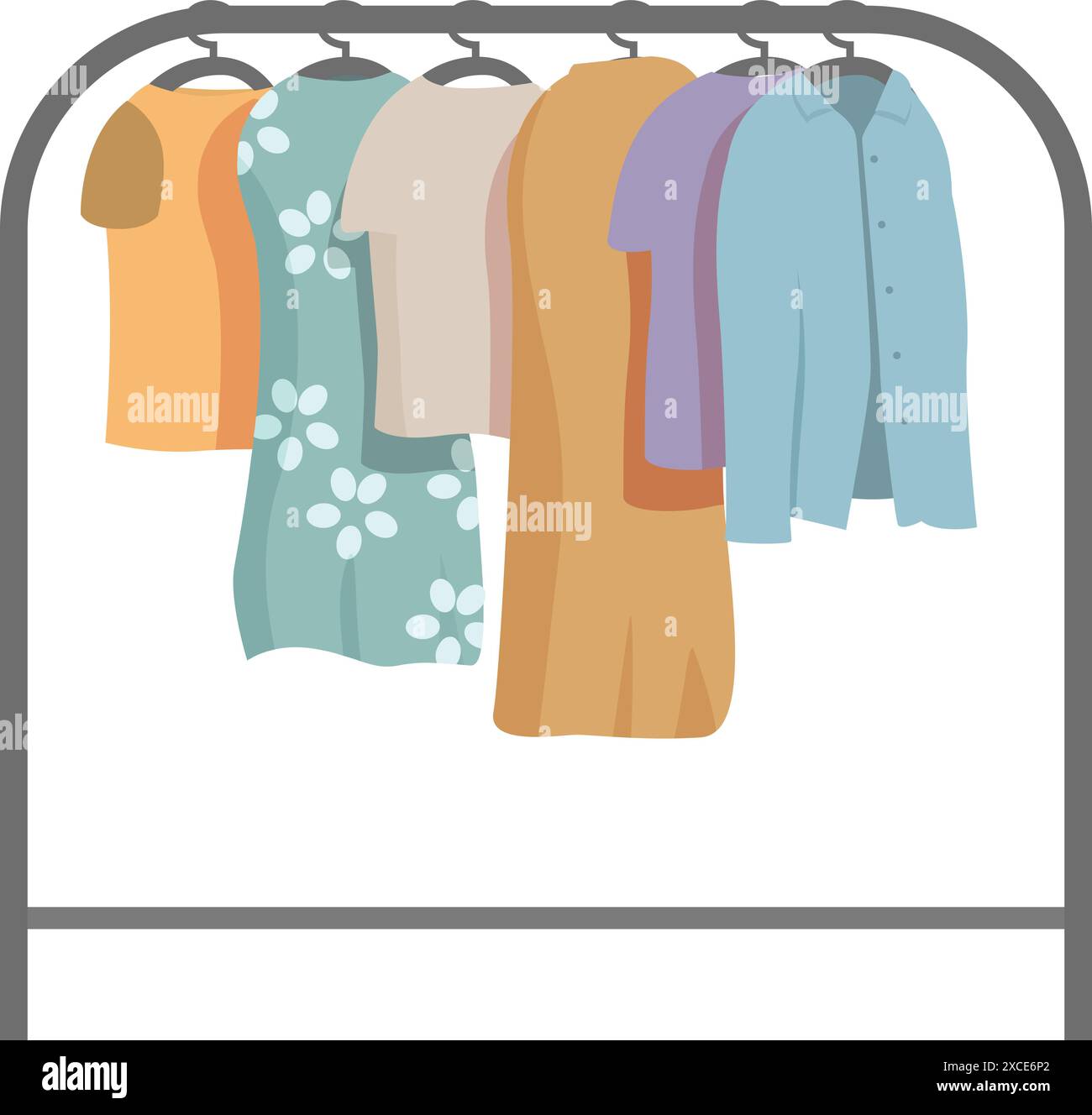 Different types of clothes hanging on hangers on a metal clothing rack