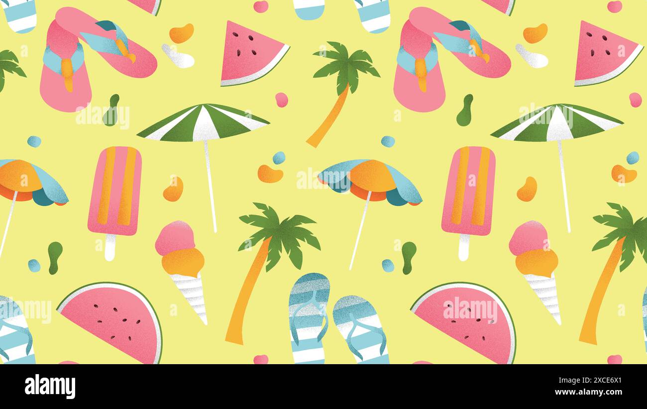 Summer seamless pattern. Surface pattern design. Umbrella, flip flops, watermelon, ice cream, palm tree Stock Vector