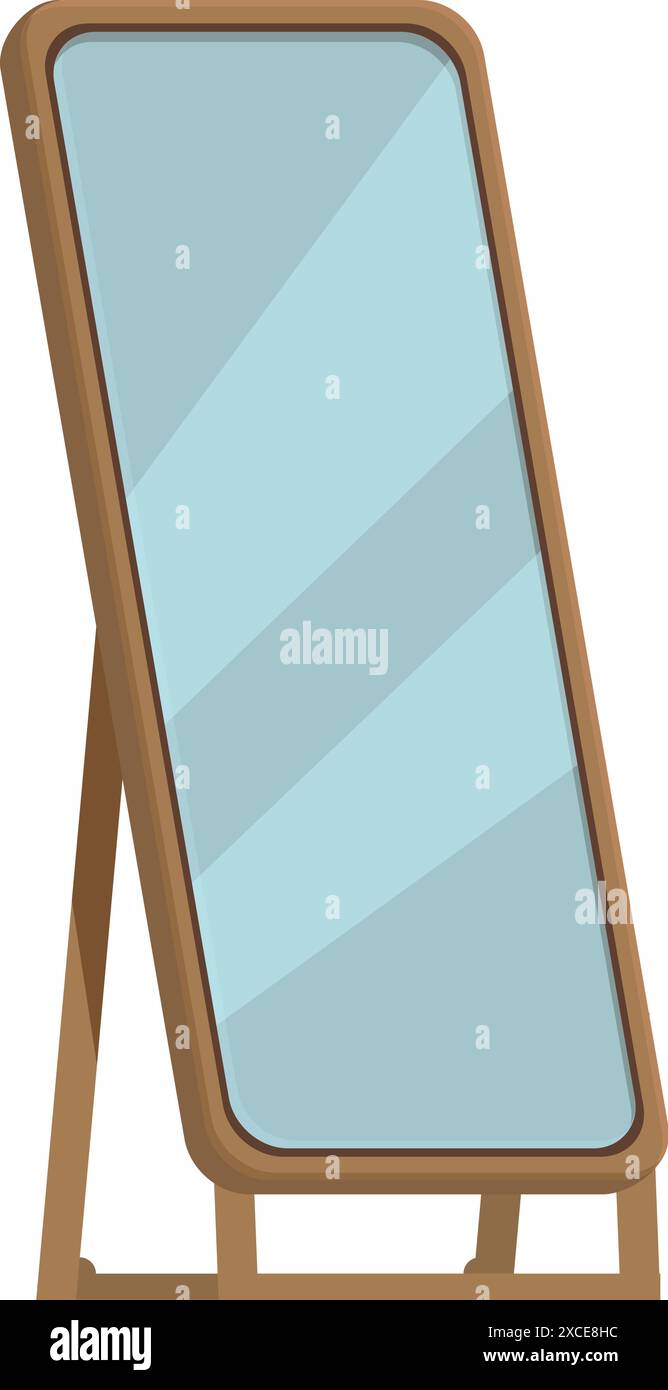 Tall rectangular mirror standing on wooden legs reflecting light blue wall, perfect for interior design projects Stock Vector
