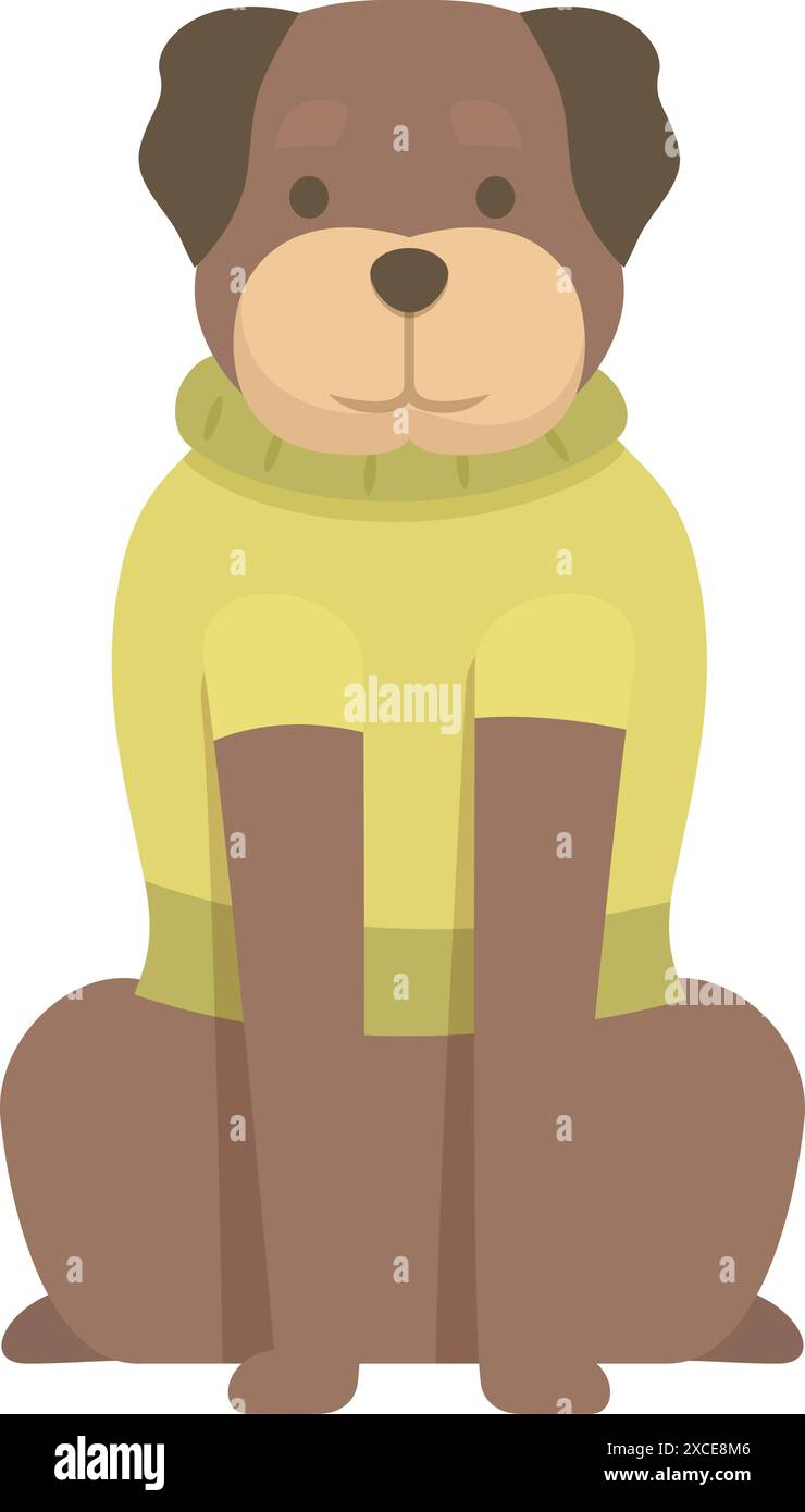 Cartoon brown dog wearing a green sweater sitting on a white background ...