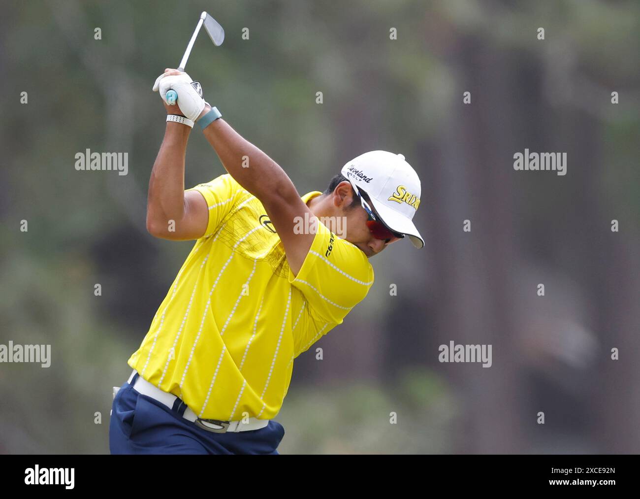 Pinehurst, United States. 16th June, 2024. Hideki Matsuyama of Japan hits his tee shot on the sixth hole during the final round of the 124th U.S. Open golf championship at Pinehurst Resort & Country Club in Pinehurst, N.C. on Sunday, June 16, 2024. Photo by John Angelillo/UPI Credit: UPI/Alamy Live News Stock Photo