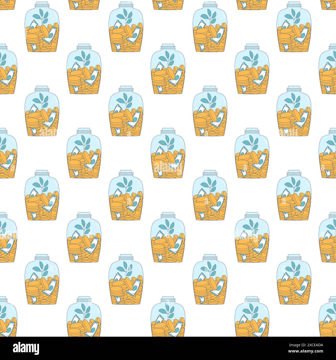 Savings and investment repeat background. Jar money box repeat background. Vector line art flat illustration. Stock Vector