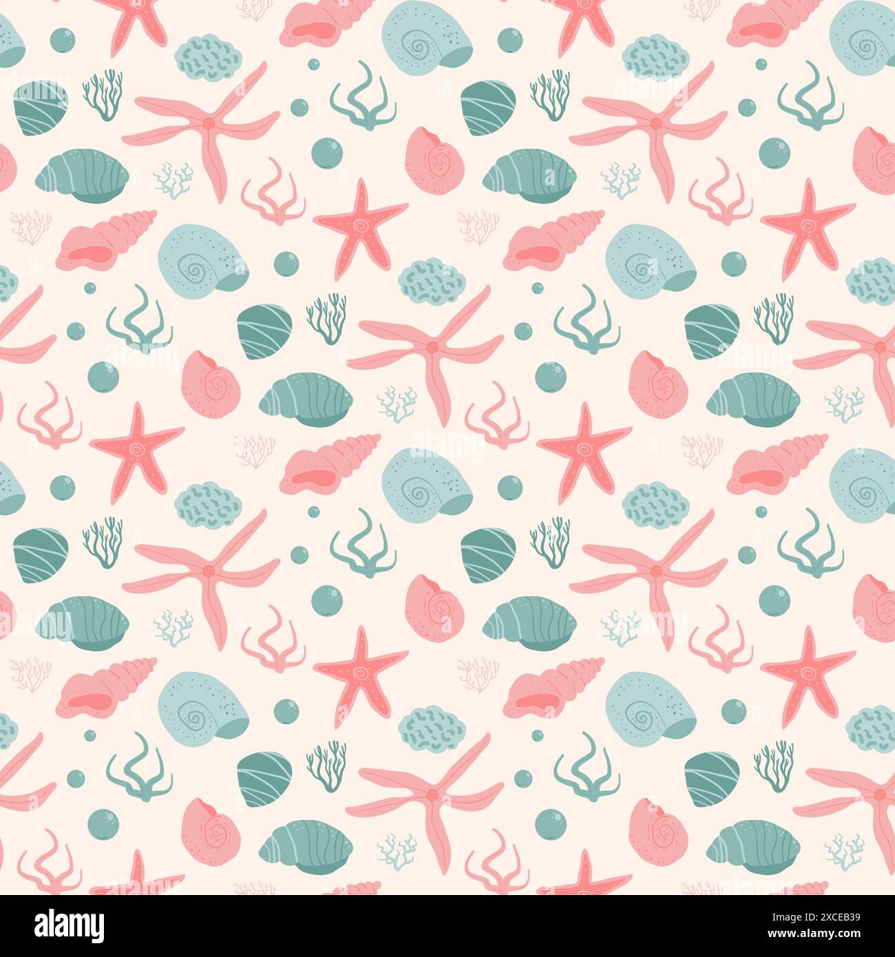 Shells and starfish seamless pattern. Barnacles and seaweed endless ...