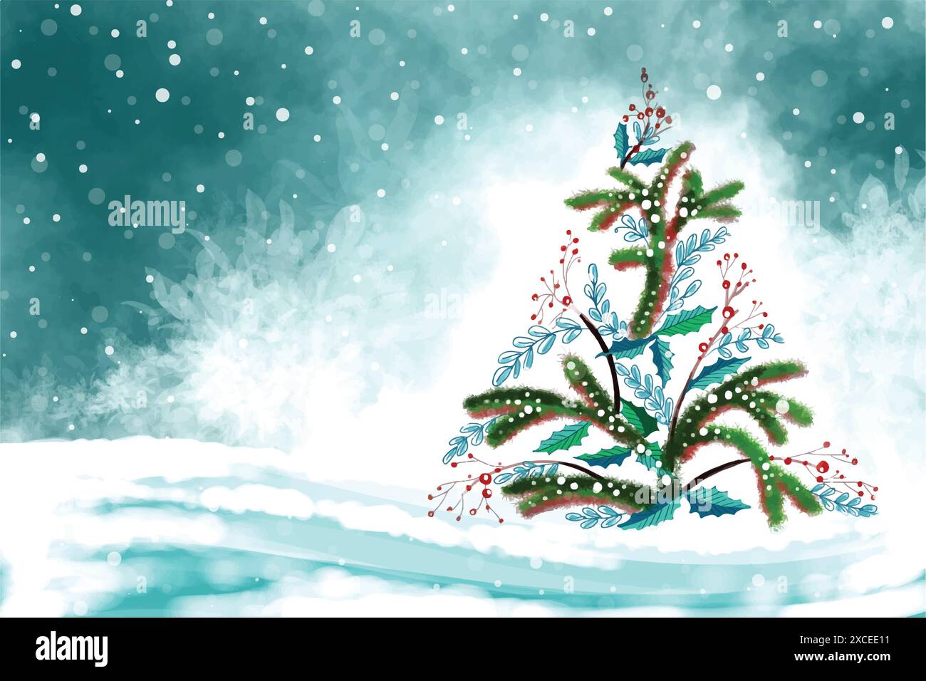 Winter landscape with falling christmas snow and tree holiday card ...
