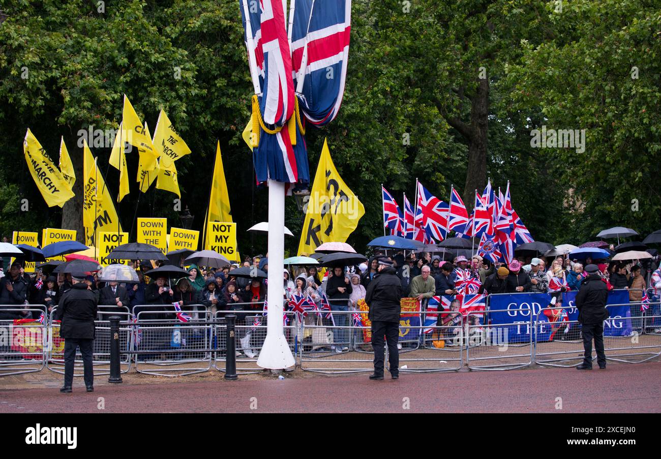 Not My King Anti Monarchy Protesters and Supporters of the Monarchy Trooping The Colour Color London 2024 Stock Photo