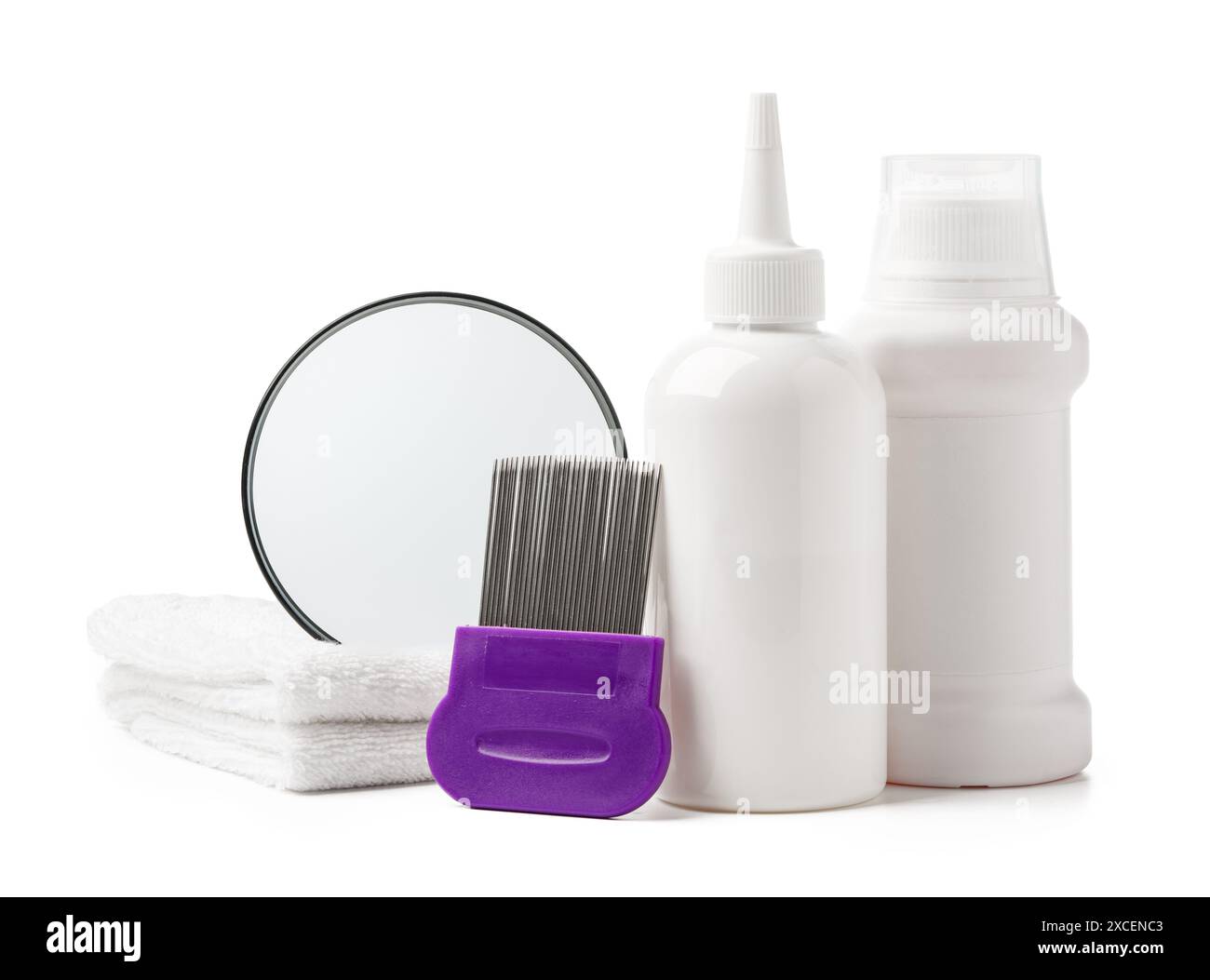 Cosmetic products, lice comb and magnifying glass isolated on white