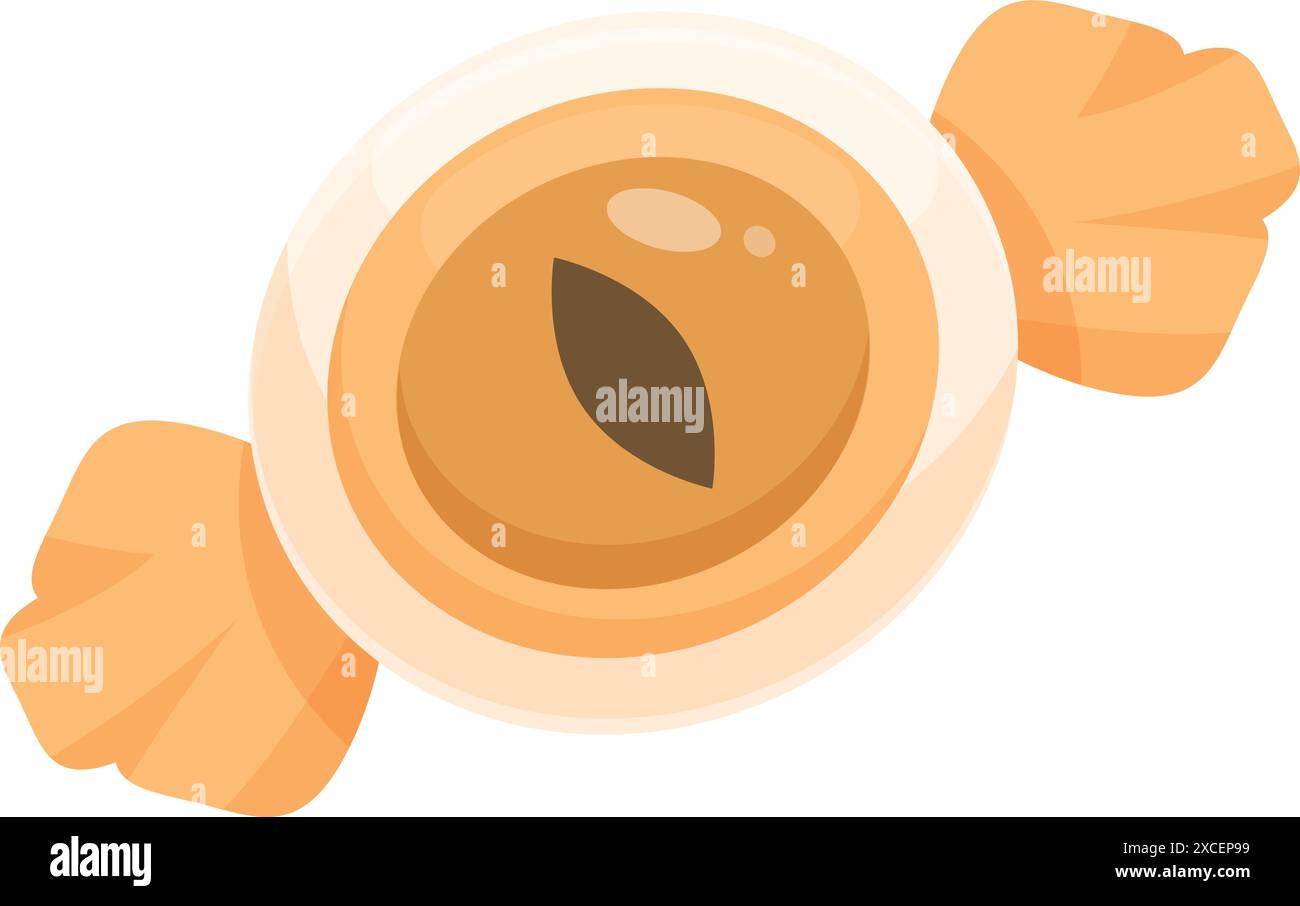 Round caramel candy with orange wrapping paper is lying on a white