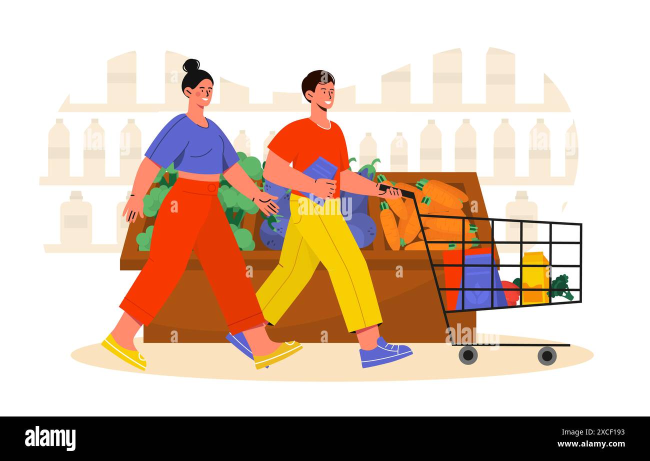 Couple in supermarket. Man and woman with cart of fruits and vegetables in grocery store. Household chores and routine. Customers in shop. Cartoon Stock Vector