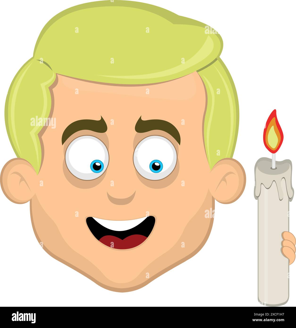 vector illustration face man cartoon blonde and blue eyes, holding a lit wax candle as a remembrance and commemoration concept Stock Vector