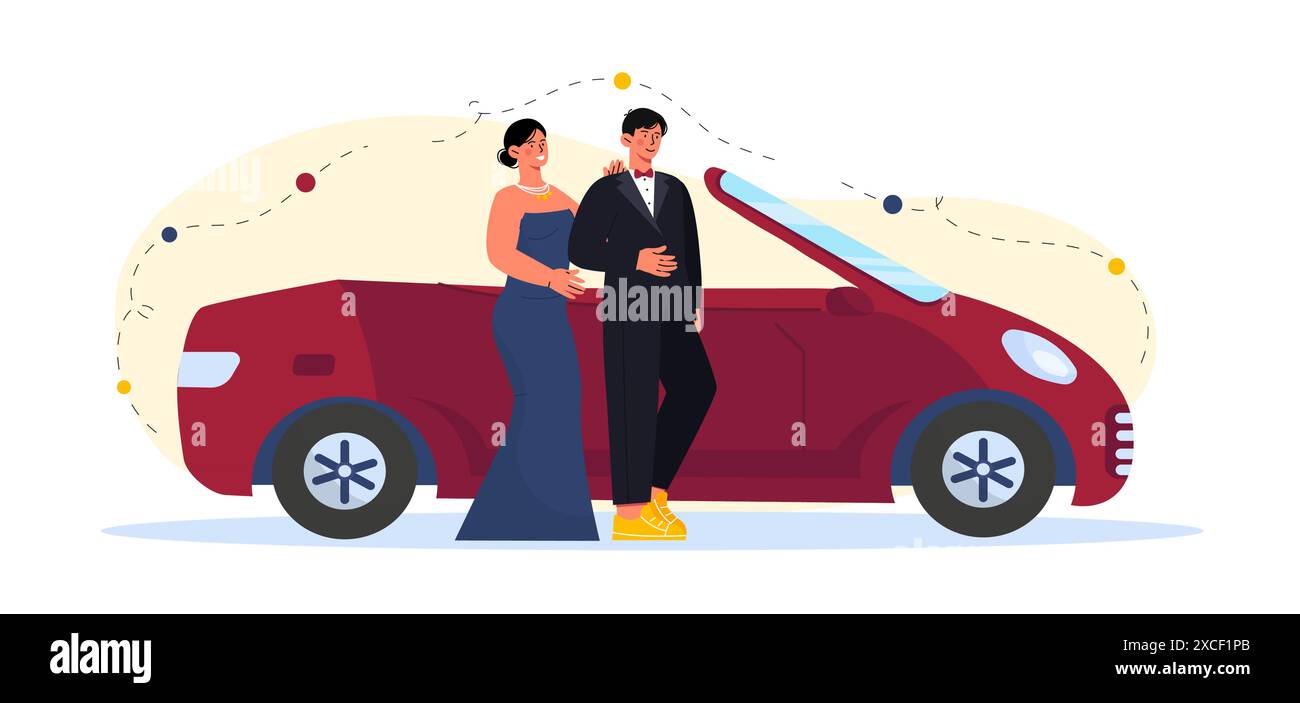 Rich couple with car. Man and woman in expensive clothes near luxury vehicle. Young pair with wealth. Millionaires with convertible. Cartoon flat Stock Vector