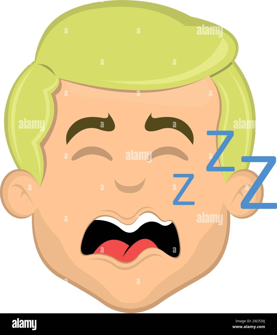 vector illustration face man cartoon blonde and blue eyes, snoring with mouth open and text zzz Stock Vector