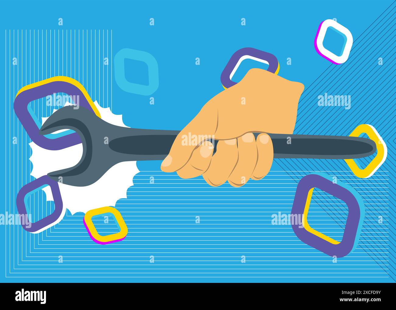 Wrench in hand, geometrical graphic retro theme background. Minimal