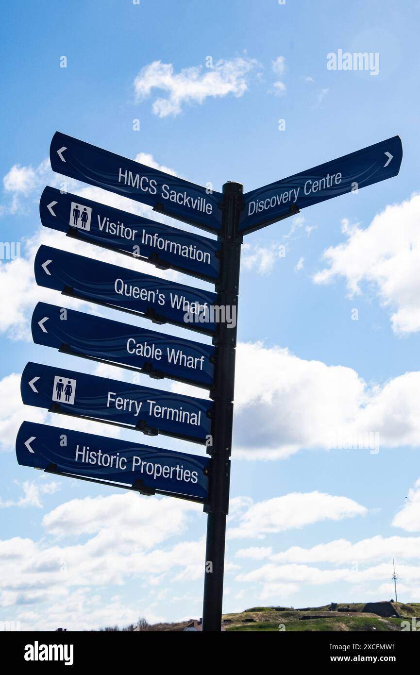 Harbourwalk signs at the waterfront boardwalk in Halifax, Nova Scotia, Canada Stock Photo