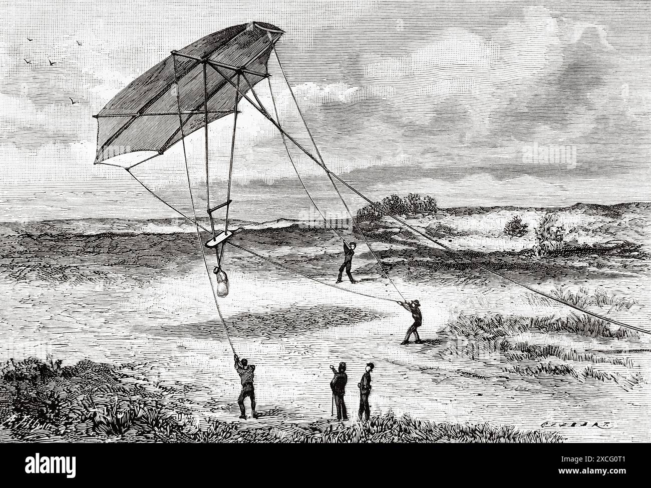 Gigantic Maillot kite, lifting a weight of 70 kg. Old 19th century engraved illustration from La Nature 1886 Stock Photo