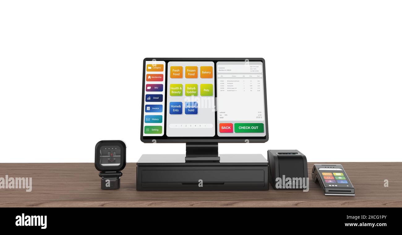 3d rendering point of sale system or cash register machine on desk ...