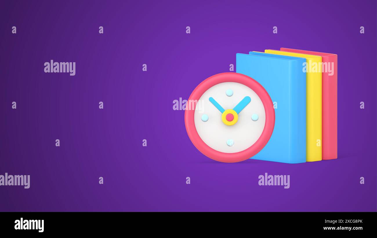 Time to learning book education reading back to school clock countdown with textbook stack realistic 3d icon vector illustration. Academic lesson stud Stock Vector