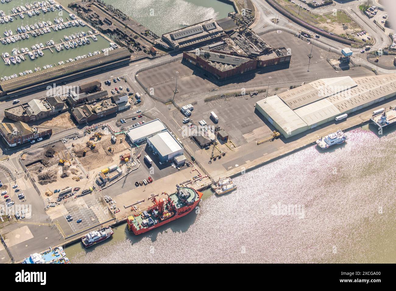 Aerial photo of derelict Grimsby Ice Company Building and quayside from 1500 feet Stock Photo