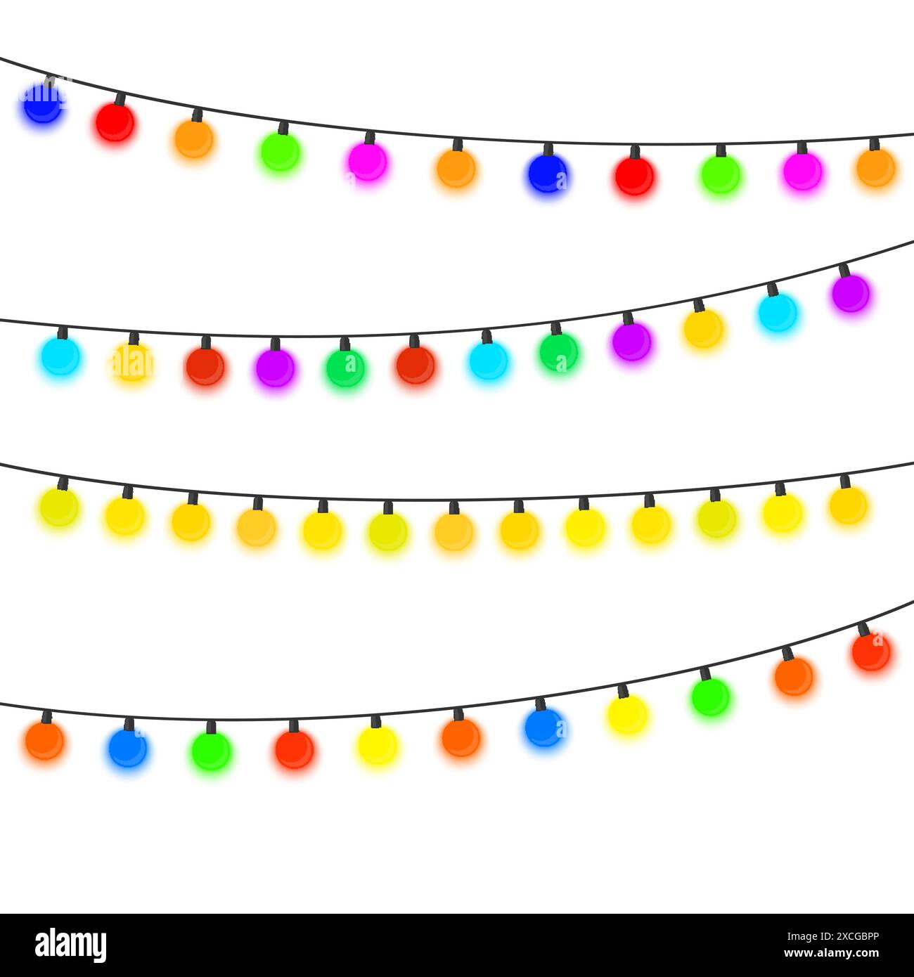Four garlands with multi-colored light bulbs on a white background. Vector illustration. Stock Vector