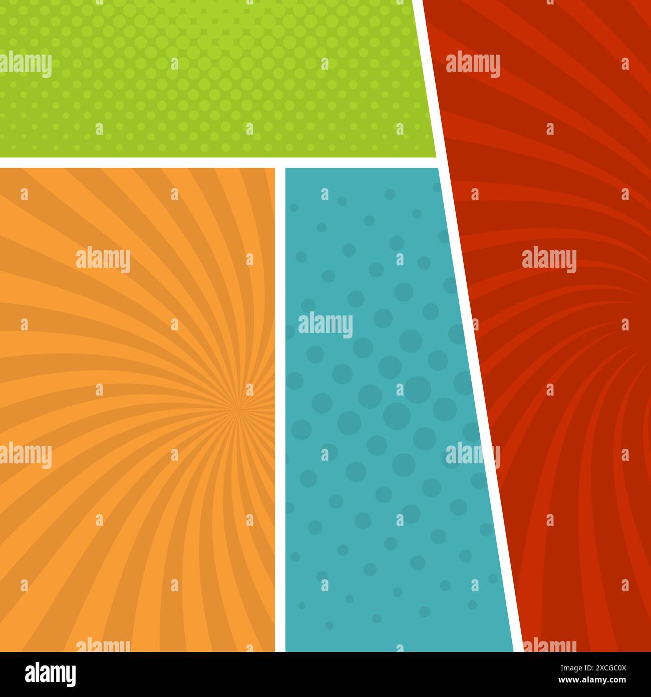 Colorful comic book page background in pop art style. Empty template with rays and dots pattern. Vector illustration Stock Vector