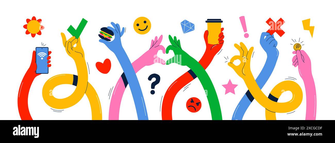 Long stretched hands. Multicolored human arms holding different items, long curved limbs, various gestures and symbols, smartphone, cup of coffee and Stock Vector