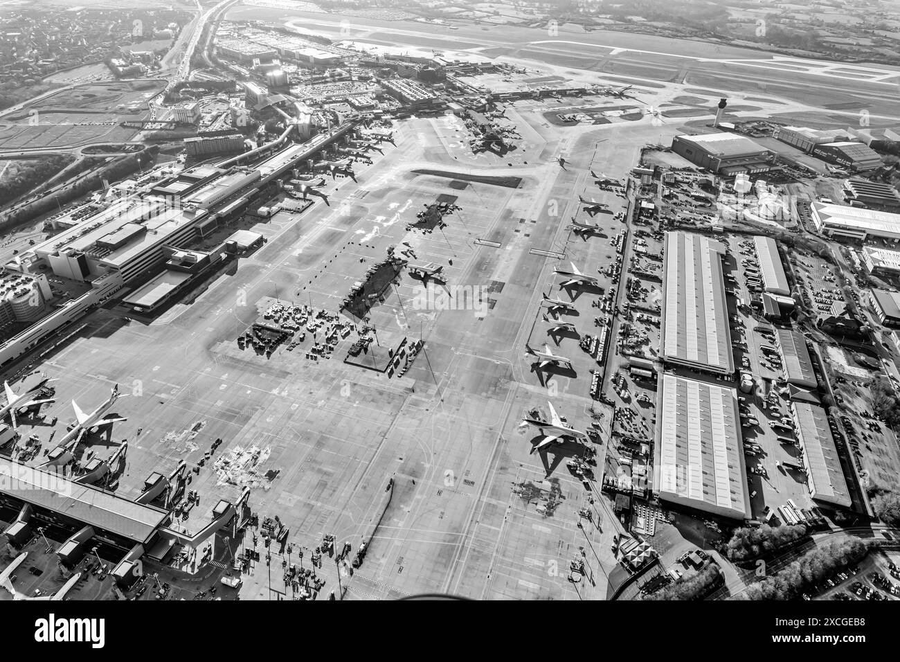 Aerial photo of Manchester Airport aircraft and terminals from 1500 feet Stock Photo