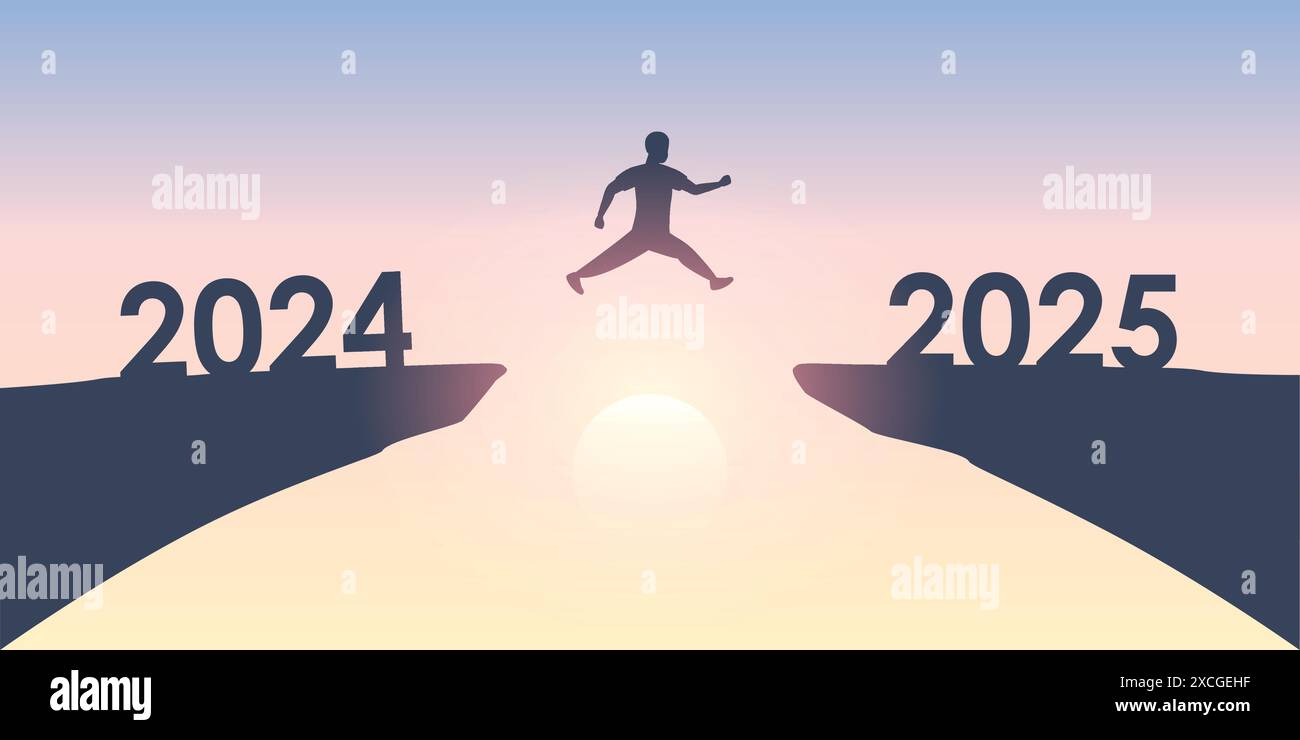 man jumping over a cliff from 2024 to 2025 vector ilustration Stock